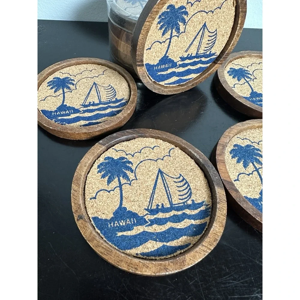 Vintage Souvenir Cork & Wood Coasters Hawaii Lot of 10 Round Beach Sailboat